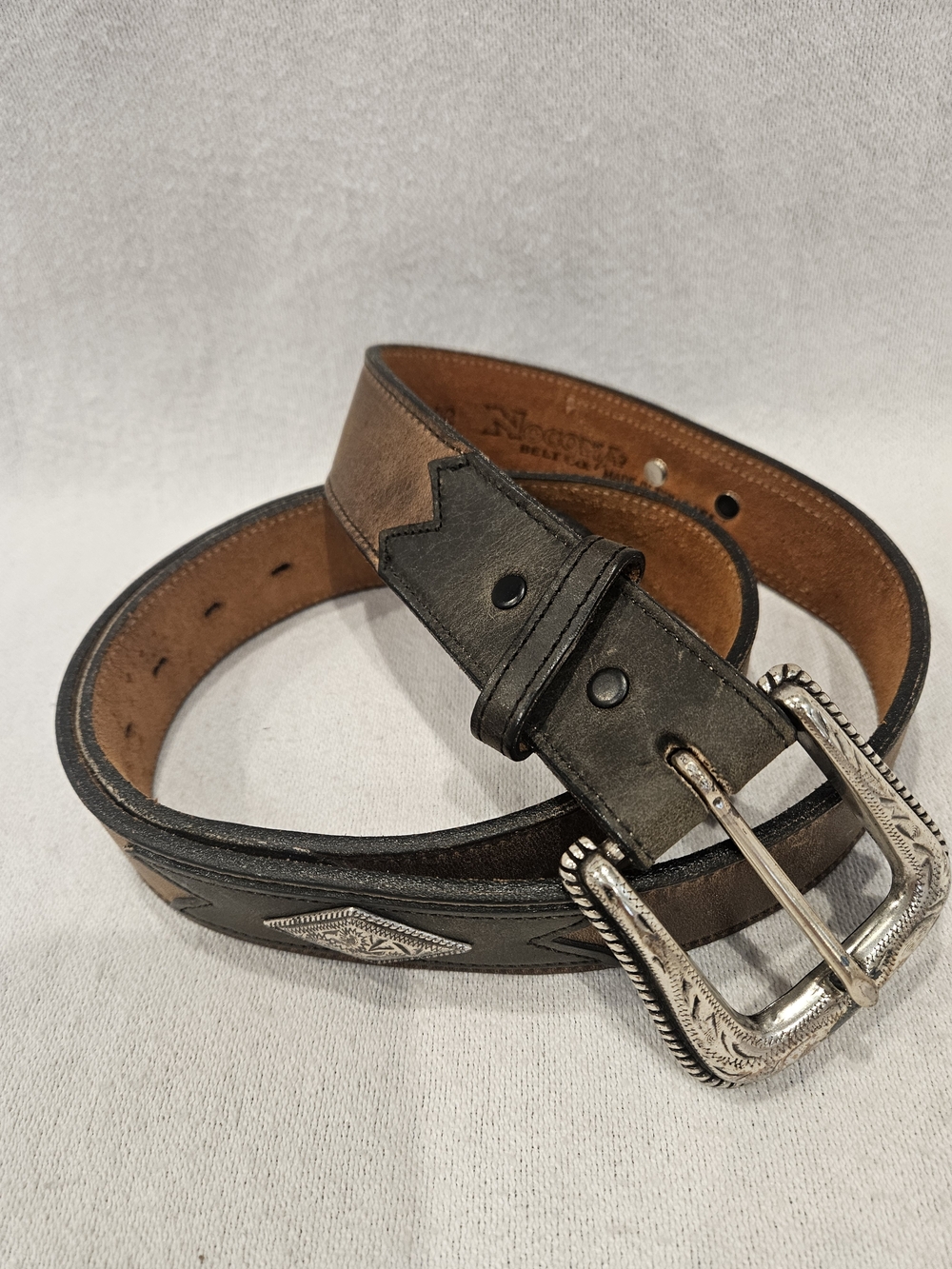 Nocona Western Belt Two Tone Brown Black Leather Diamond Concho Silver Sz 42